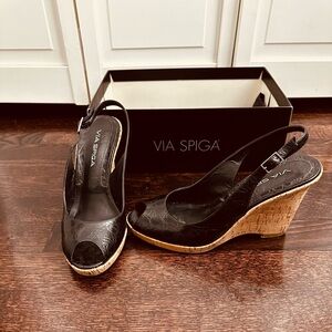 Via Spiga Black and Tan Wedge Sandals